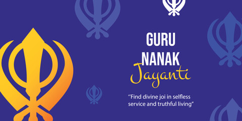 Guru Nanak Jayanti greeting banner. Orange symbol of sikhism on blue background. Creative indiana design. Vector illustration
