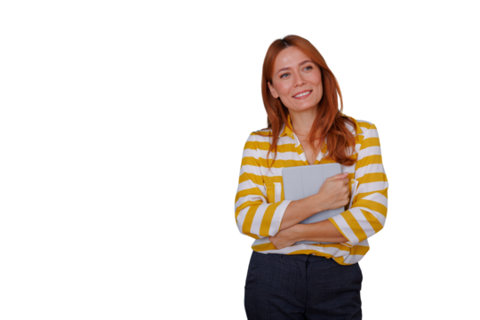 Redhead woman holding tablet and smiling, a confident and professional worker looking up, transparent background