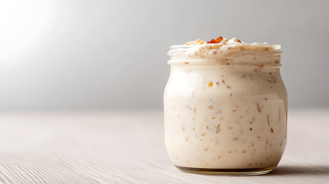 A mason jar filled with a creamy dip sits elegantly on a whitewashed wooden surface, ready to be enjoyed as a delicious and shareable appetizer. Perfect for parties!
