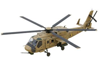 Isolated model helicopter in sand color with black accents, a detailed military vehicle replica