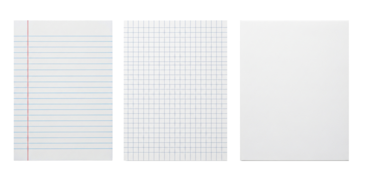 Lined and checkered sheets of white paper. Blank pages of school notebook. Background paper texture