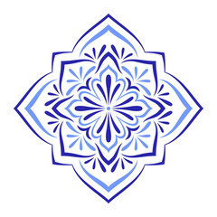 Mediterranean blue folk motif on white background. Ethnic mosaic design for ceramic tile. Traditional Portuguese, Sicilian, Spanish ornament. Vector illustration