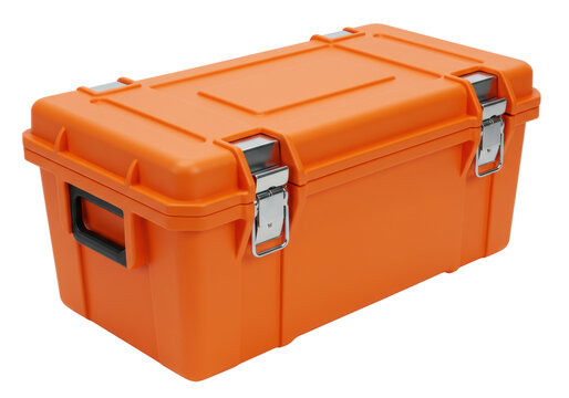 Isolated orange tool box for organizing, storage, and easy portability of workshop equipment