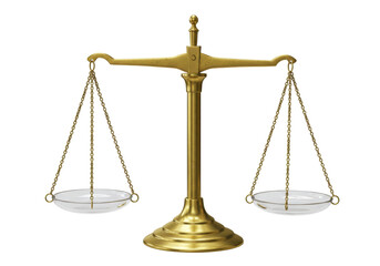 Isolated gold balance scales, scales of justice, symbol of law and judgement, on white