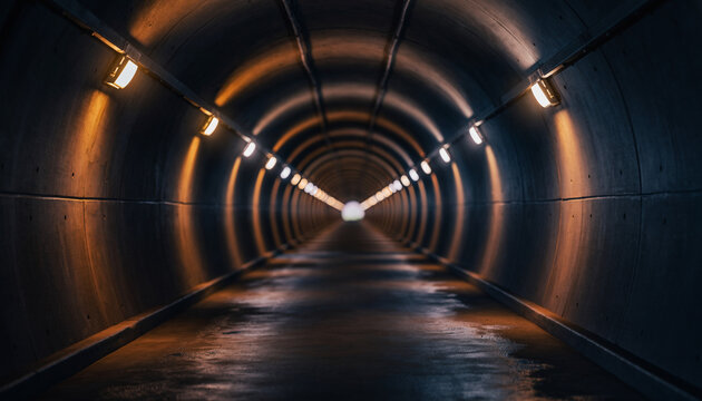 Dark tunnel with orange lights, futuristic underground passage