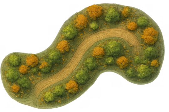 Miniature park diorama with winding path and autumn trees, top-down view on transparent background