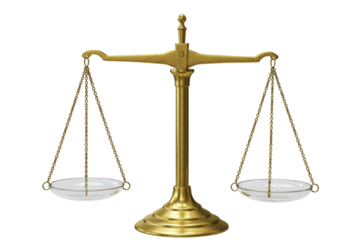 Isolated gold balance scales, scales of justice, symbol of law and judgement, on white