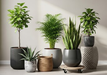 Fototapeta premium Indoor Potted Plants Arrangement Ficus, Palm, Snake Plant, Aloe Vera on White Floor