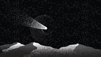 Star and comet tail in outer space. Futuristic landscape, with noise texture . Space landscape with comet and sun . Deep space vector illustration © miloje
