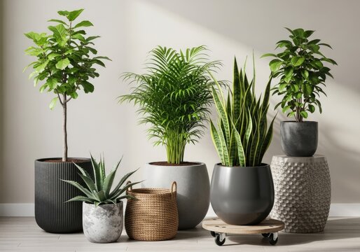 Indoor Potted Plants Arrangement Ficus, Palm, Snake Plant, Aloe Vera on White Floor