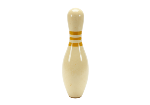 Isolated wooden bowling pin, simple striped detail, smooth and ready to be knocked down