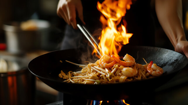 A chef skillfully prepares a shrimp and noodle dish in a wok, flames rising high as the ingredients sizzle. The art of culinary mastery on full display for dinner.