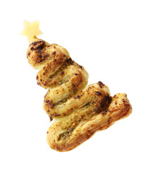 Christmas tree shaped snack made with puff pastry, pesto sauce and cheese isolated on white