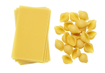 Isolated pasta assortment featuring lasagna sheets and seashell pasta ready for Italian cooking