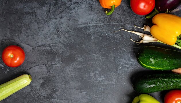 vibrant, colorful arrangement of fresh vegetables on a dark, textured background