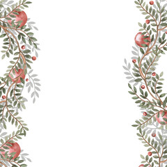 A square frame of green branches and juicy apples. Isolated watercolor illustration for packaging design, interior decoration, posters, fabrics, and postcards.