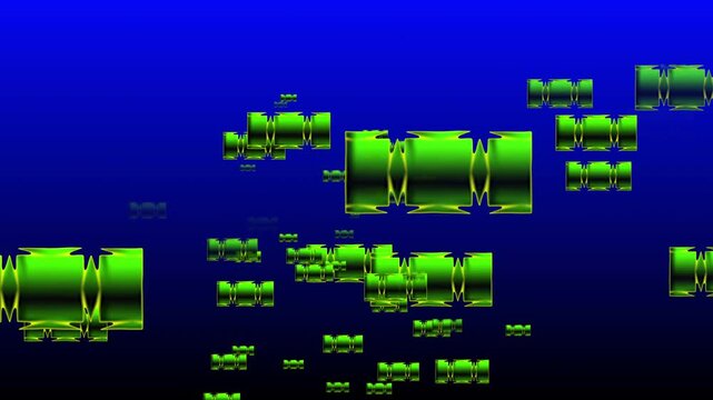 Floating green and blue 3D digital blocks on deep blue gradient background.