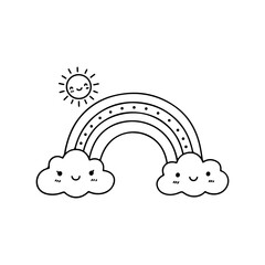 Kawaii rainbow with smiling clouds and cute sunshine illustration
