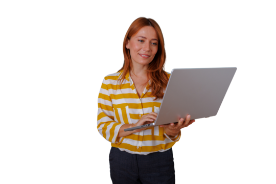 Woman businesswoman using laptop for remote work or online studying, smiling and connecting, transparent background