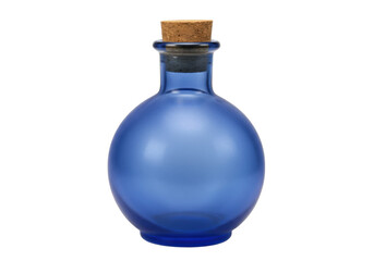 Isolated blue glass potion bottle with cork stopper, fantasy elixir container, pharmacy
