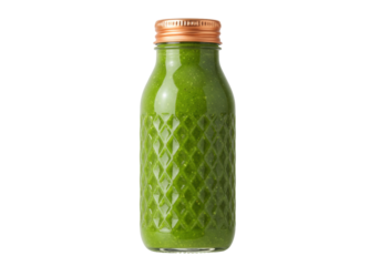 Isolated green smoothie in glass bottle with textured surface and copper lid, nutrition shot