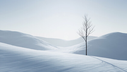 Serene winter landscape with a lone bare tree standing on a snow-covered hill against a clear sky with rolling hills in the background.