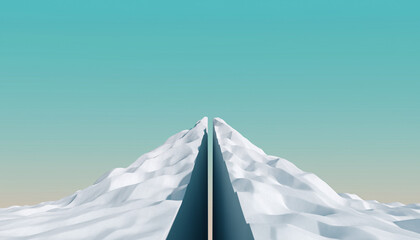 Snowy mountain peak with a road leading to it under a clear blue sky