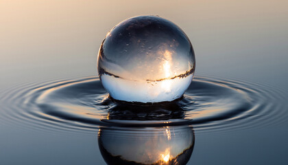 Close-up of a water droplet creating ripples on a reflective surface with a sunset background
