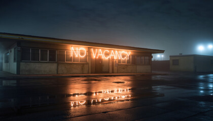No Vacancy neon sign on a motel building at night with reflection