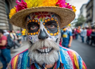 Powerful Mexican man with striking black face paint, distinguished white beard, and bold mustache embodies cultural heritage and strength in a captivating portrait.