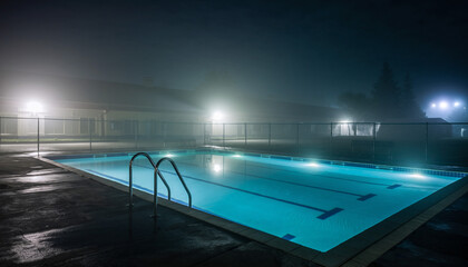 Nighttime view of an outdoor swimming pool with blue water and bright lights in a foggy atmosphere