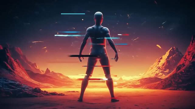 Futuristic human figure with glitch effect on a desert planet landscape design