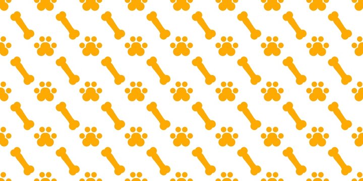 Orange dog bones and paw prints on a white background. Seamless pattern of orange dog bones and paw prints on a white background. Dog paw seamless pattern. Bear paw seamless pattern. Cat paw pattern. 