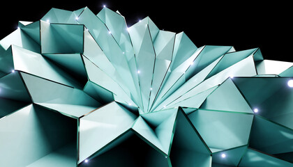 Close-up of a teal origami design with sharp angles and bright highlights on a black background.