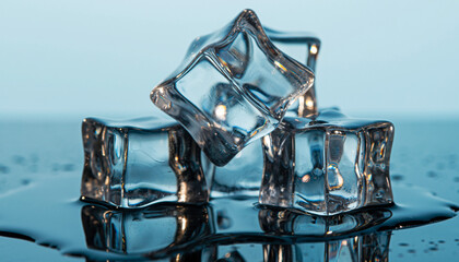 Melting ice cubes on a reflective surface with a blue background
