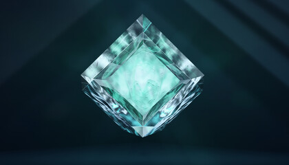 Close-up shot of a large, square-cut aquamarine gemstone on a dark background with cinematic lighting.