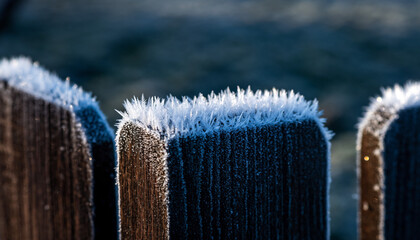 Close-up of frosty wooden fence posts on a cold winter day with a blurred background.