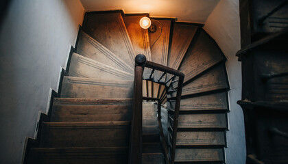 Spiral staircase with wooden steps and metal railing leading up to a lit area