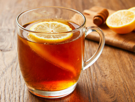 Warm cup of tea with lemon and cinnamon stick on wooden table