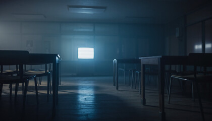 Dimly lit empty classroom with a glowing TV screen on the wall