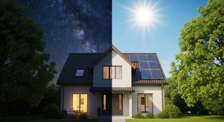 Modern house with solar panels on roof, split view showing day and night with starry sky and bright sun