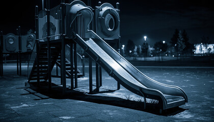 Nighttime scene of an empty playground with a slide and climbing structure in a dark and moody urban setting.
