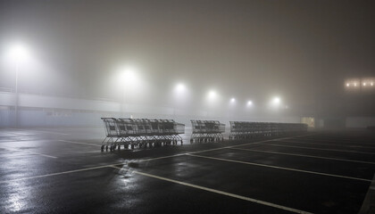 Empty shopping carts in a deserted, wet parking lot at night with fog and streetlights