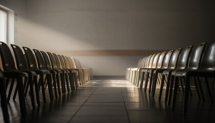 Rows of empty chairs in a dimly lit room with a beam of light