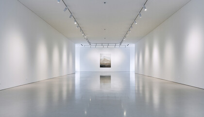 Long shot of a brightly lit art gallery with a large painting on the back wall and sleek flooring.