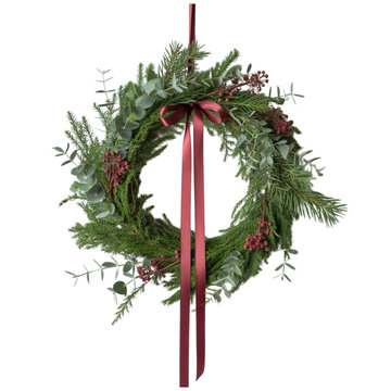 A beautifully handcrafted christmas wreath, adorned with deep green fir branches, eucalyptus leaves, and clusters of red berries, elegantly tied with a burgundy ribbon, isolated on a plain background 