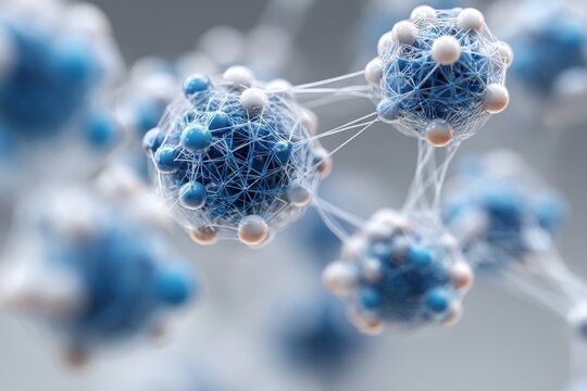 Close up of molecular structure with blue and white spheres interconnected by thin strands, science concept shown