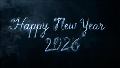 Obraz premium Elegant Happy New Year 2026 message appears as swirling smoke letters against a deep dark background creating a dreamy ethereal look that combines lightness and celebration in a soft atmosphere