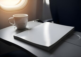 Travel Magazine Mockup on Airplane Tray Table Beside Coffee Cup and Window Light Glow, Cozy In-Flight Scene