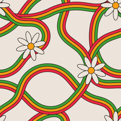 Vintage psychedelic wavy seamless pattern with daisies